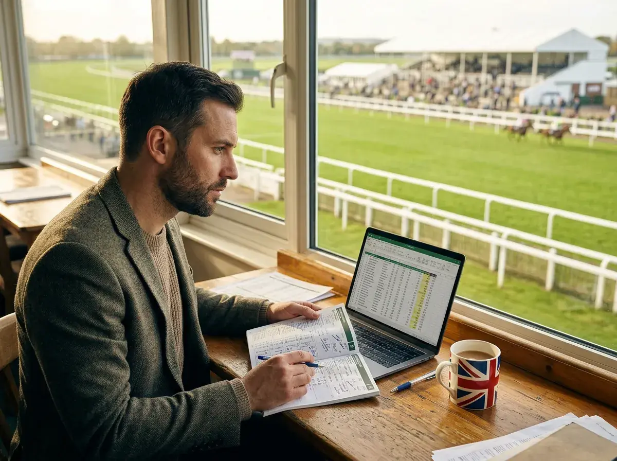Best bet in horse racing — UK punter studying a racecard with data analysis on a desk at a British racecourse