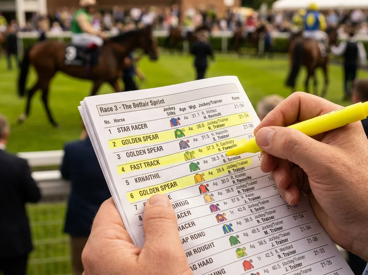 Horse racing favourite statistics — close-up of a racecard and form guide with highlighted favourite runners