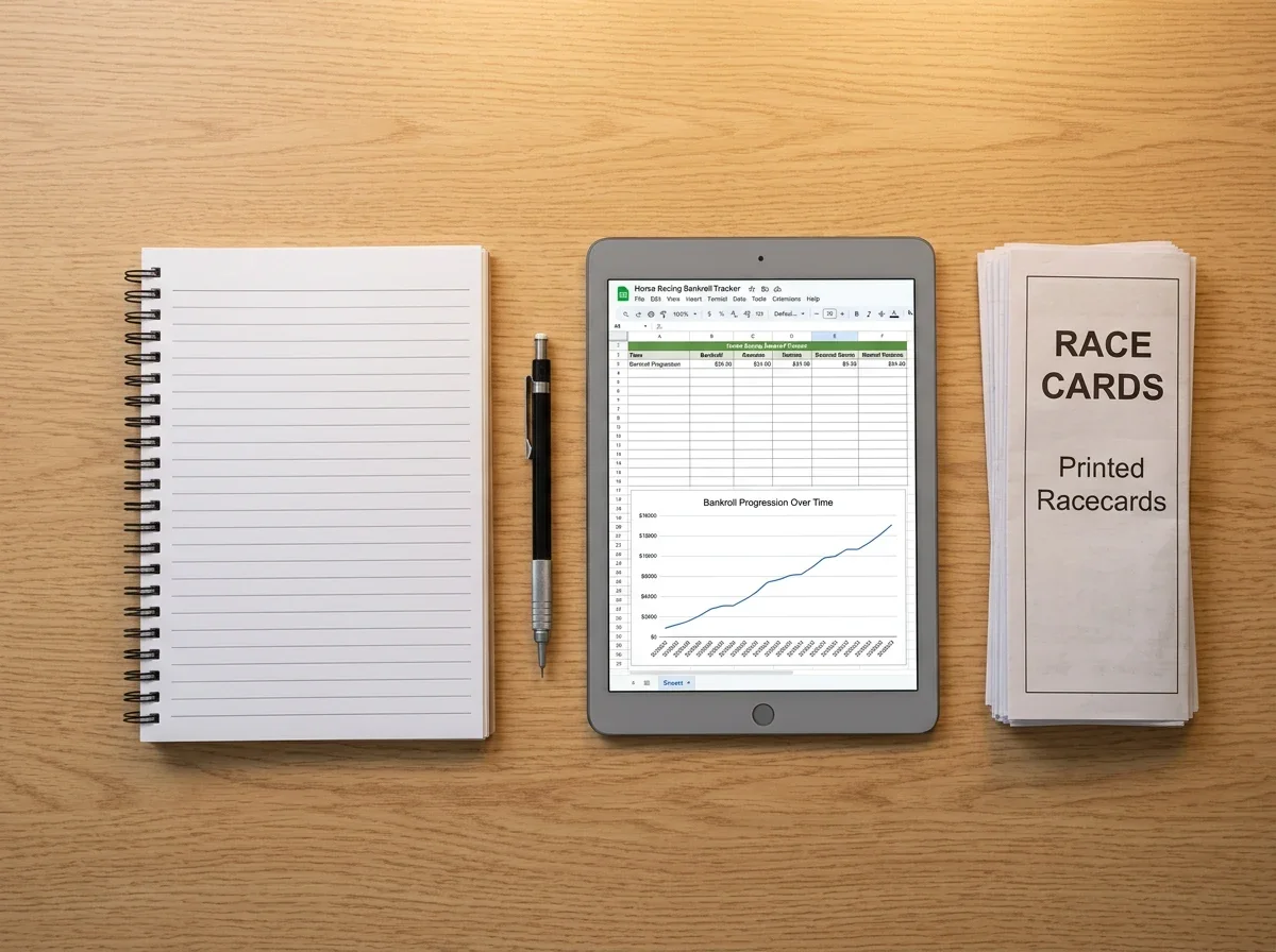 Horse racing bankroll management — organised notebook with staking plan and a spreadsheet on a tablet