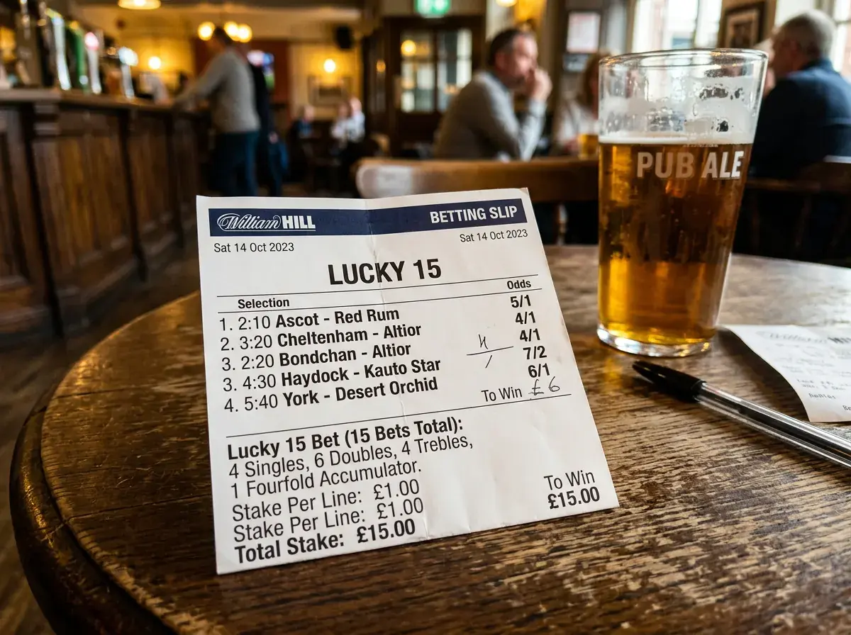 UK Lucky 15 betting slip showing four selections across singles doubles trebles and fourfold