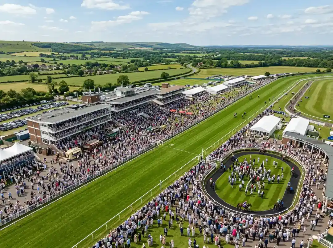 UK horse racing betting landscape — aerial view of a packed British racecourse on a sunny afternoon