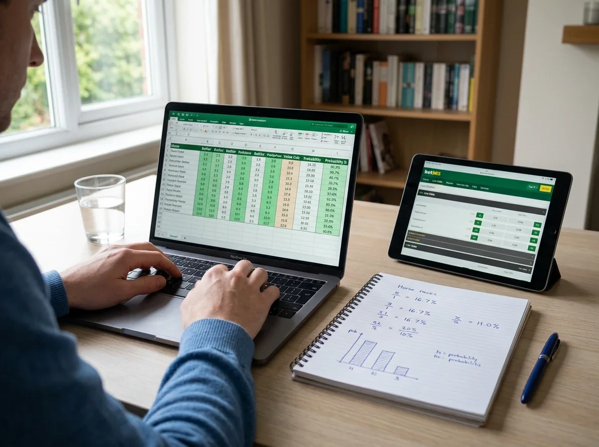 Value betting in horse racing — punter comparing odds on a laptop screen beside a notebook with probability notes